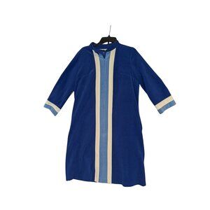 Vintage Vanity Fair Womens Blue Housecoat W/ Cream & Light Blue Stripes 3/4 Slee